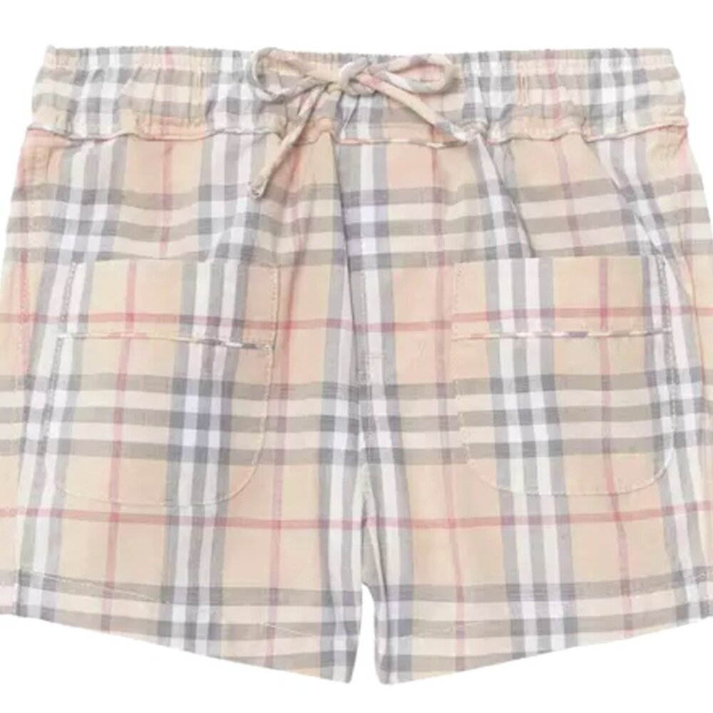 Burberry Boy Conroy Plaid Check Print Cotton Shorts Pale Stone, Sz 12 Months NWT